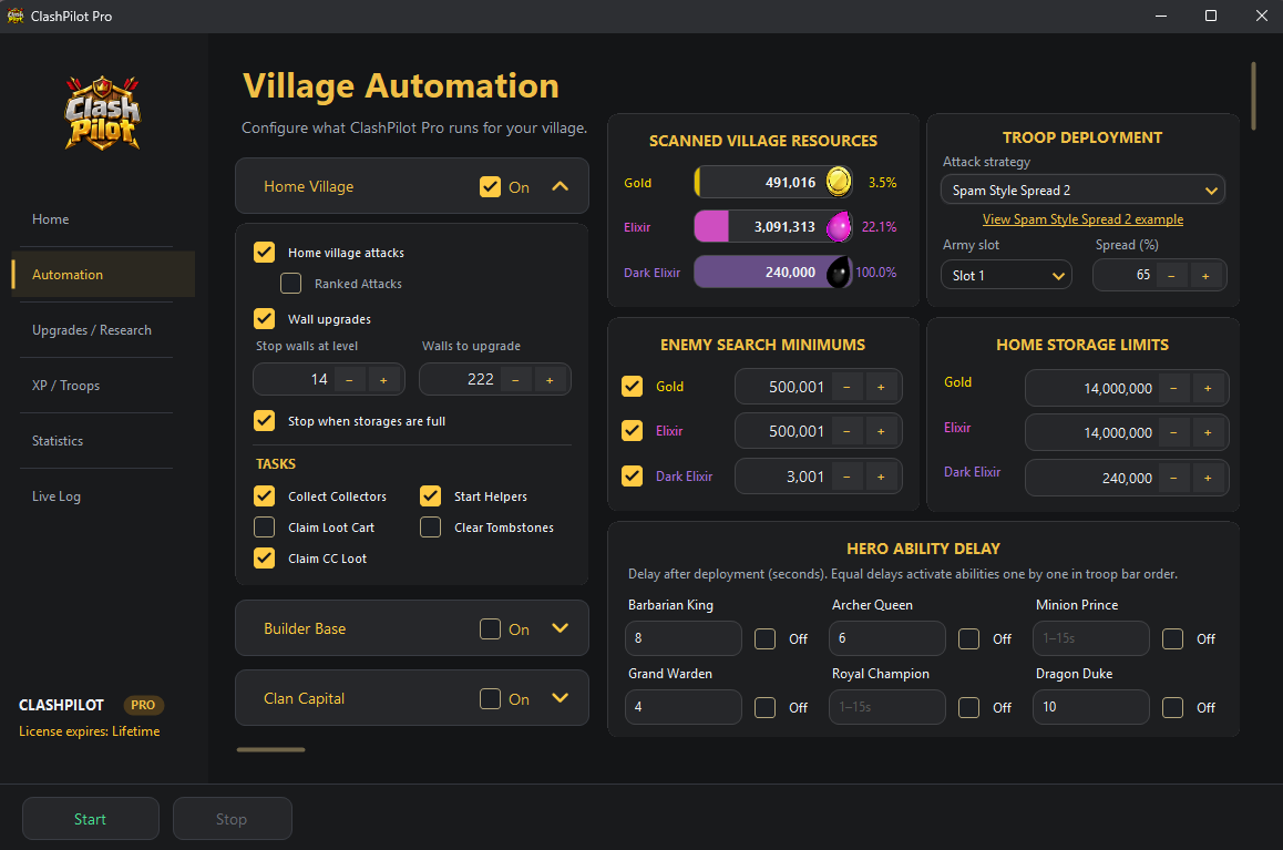 ClashPilot Village Automation screen with resource scanning, enemy search minimums, storage limits, and troop deployment settings